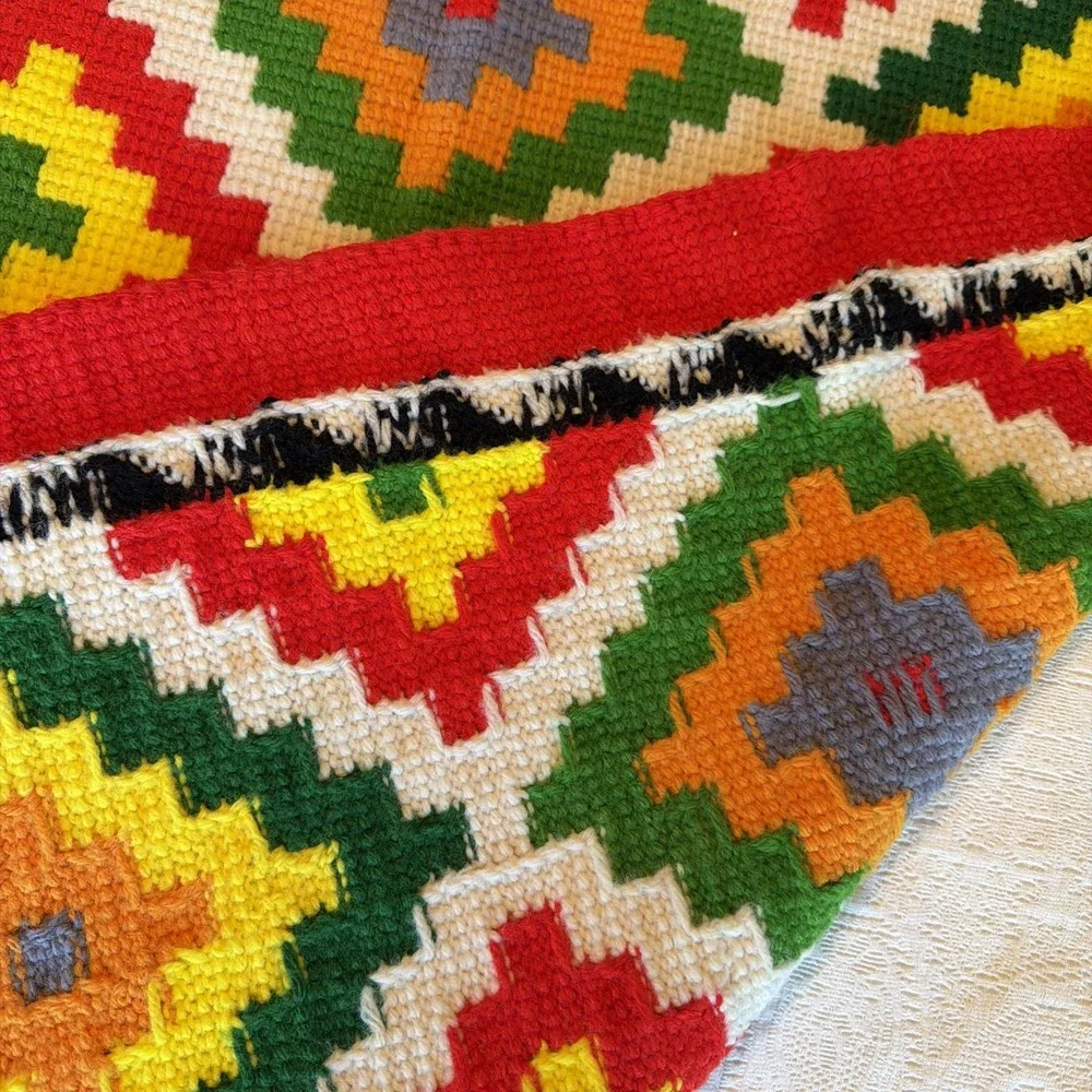 Vintage Handmade Needlepoint Rug 47x40 Geometric Folk Art Tapestry Colorful